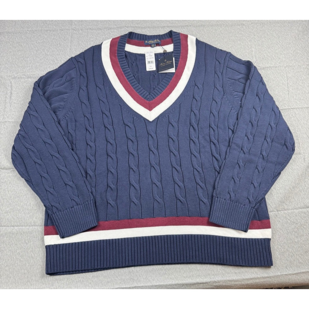 Brooks Brothers Mens 2XL Supima Cable Knit V-Neck Tennis Sweater Navy Blue